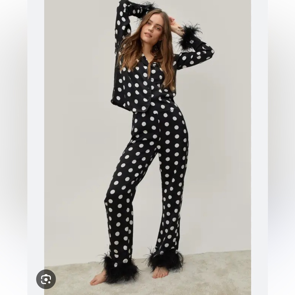 Nasty Gal Black & White Polka Dot Feather-Hem Pants